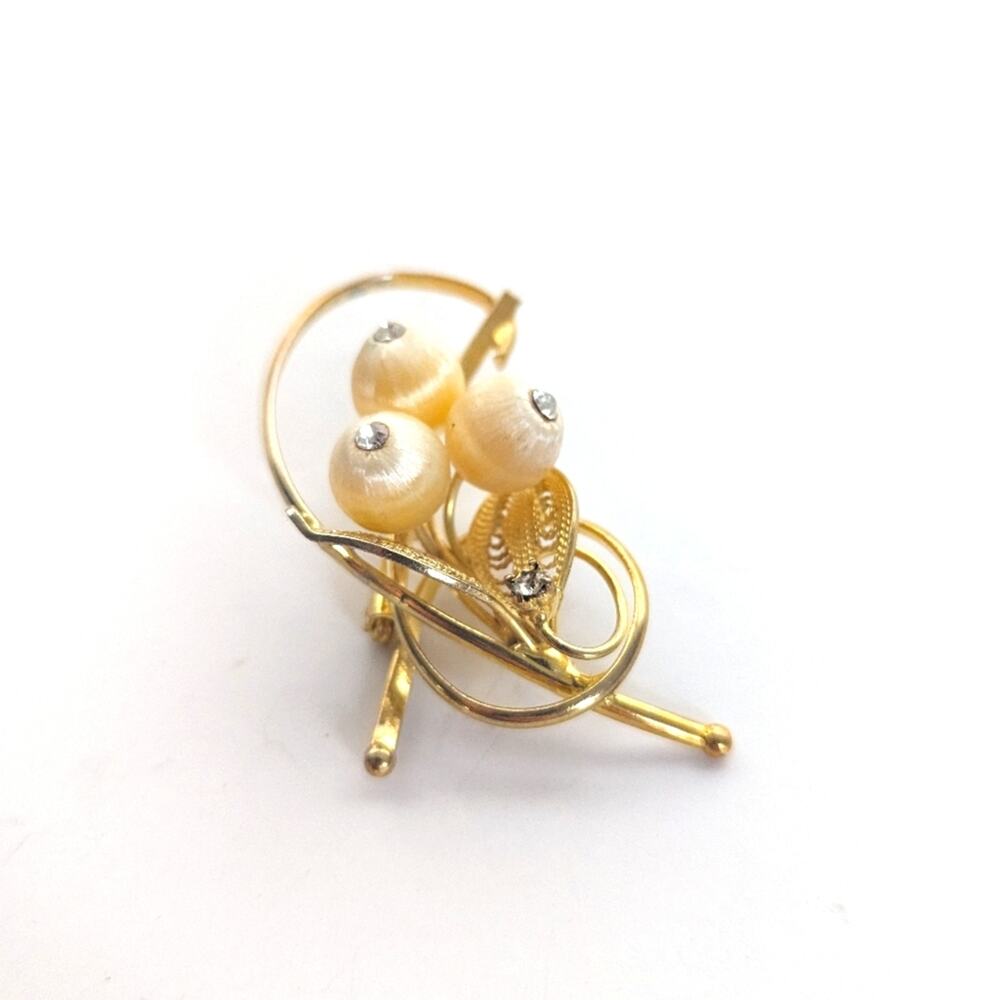 Vintage Estate Gold Tone Floral Bouquet Satin Berry Leaf Rhinestone Brooch